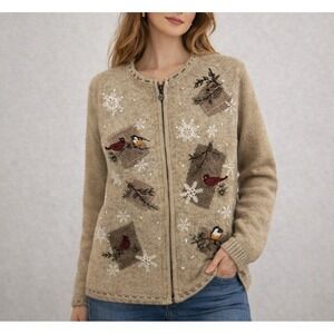 Croft & Barrow Whimsical Bird Embroidered Zip Cardigan Cozy Winter Sweater LARGE